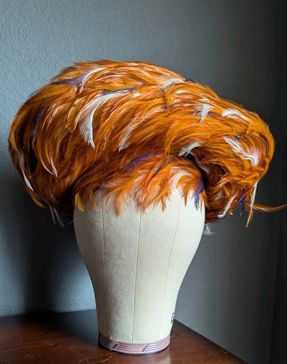 George Zamaul Couture Ladies Orange Felt Hat Feathers Rhinestones Church Formal